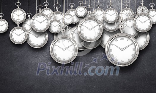 Many pocket watch hanging from above on concrete wall Many pocket watch hanging from above on concrete wall
