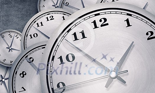 Many round wall clocks on concrete wall Many round wall clocks on concrete wall