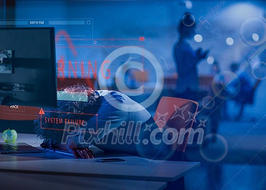 A time for relax. Young tired casual businessman relaxing at the desk in his night office A time for relax. Young tired casual businessman relaxing at the desk in his night office
