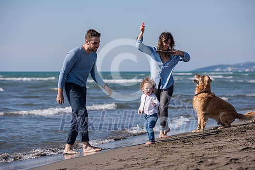 happy young family with kids having fun with a dog and kite at beach during autumn day happy young family with kids having fun with a dog and kite at beach during autumn day