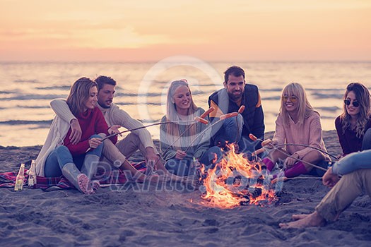 Group of young friends sitting by the fire at autumn beach, grilling sausages and drinking beer, talking and having fun Group of young friends sitting by the fire at autumn beach, grilling sausages and drinking beer, talking and having fun