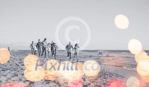 group of young friends spending day together running on the beach during autumn day group of young friends spending day together running on the beach during autumn day