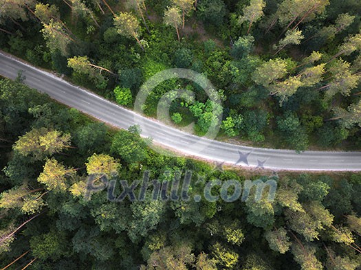 Birds eye view from the drone to a empty road through the forest with high trees. Top view.