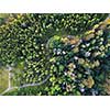 A winding road through the forest. Top view from the drones from a bird's eye view.