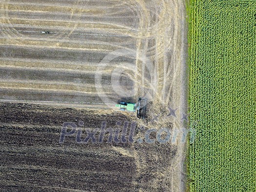 Aerial view on a field with ripened and unripened sunflowers. Harvesting a tractor on an agricultural field
