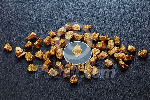 Coin ethereum and gold nuggets as world trends both isolated on black background Digital virtual currency electronic money mining blockchain exchange innovation business