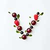 Letter V english alphabet in the form of a pattern of natural organic berries - ripe fresh raspberry, black currant, cherry, green mint leaf isolated on a white background. Top view.