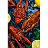 Fresh boiled crawfish with lemons and greens on a dark table with ice. Top view.