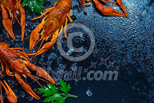 Fresh boiled crawfish with lemons and greens on a dark table with ice. Copyspace for text. Top view. Fresh boiled crawfish with lemons and greens on a dark table with ice. Copyspace for text. Top view.