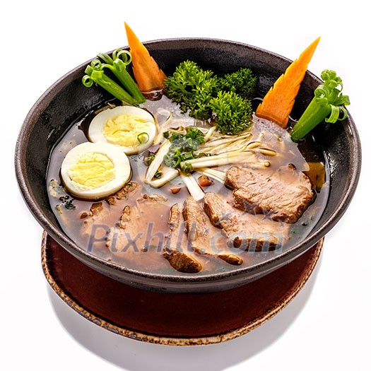 Plate of Ramen Soup with noodles and beef. Isolated on white background.