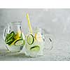 Fresh Summer Drink. Healthy detox fizzy water with lemon and cucumber in mason jar. Healthy food concept. Detox diet.