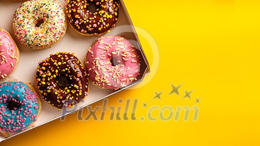 Variety of colorful tasty glazed donuts on a colored background. Variety of colorful tasty glazed donuts on a colored background.