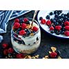 Healthy breakfast with Homemade granola. Muesli, fresh berries and yogurt in glass  jar