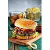 Gourmet Pulled Pork Burger with with Coleslaw and barbecue Sauce on  Wooden Table.