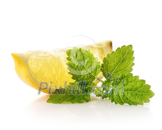 Slice of a fresh juicy lemon with mint leaves on a white background Slice of a fresh juicy lemon with mint leaves on a white background
