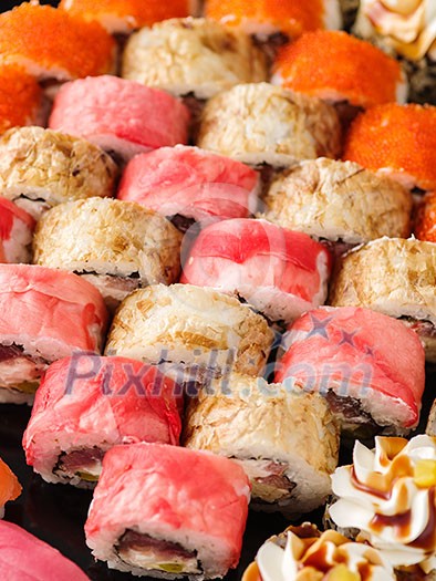 Sushi Set nigiri close up top view Sushi Set nigiri close up top view