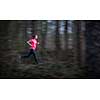 Young woman running outdoors in a forest, going fast (motion blurred image)