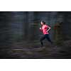 Young woman running outdoors in a forest, going fast (motion blurred image)