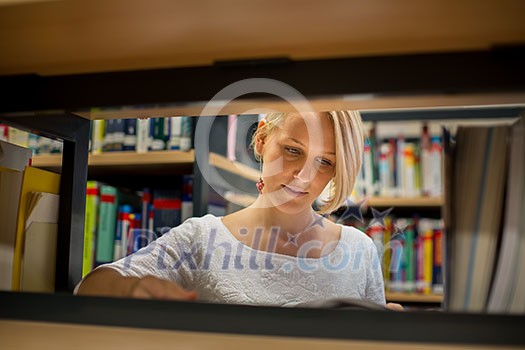 College/university campus - Pretty young female student in library looking for a book (color toned image; shallow DOF)