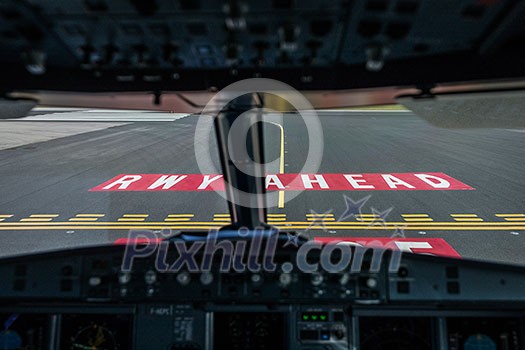 Commercial airliner airplane flight cockpit during takeoff