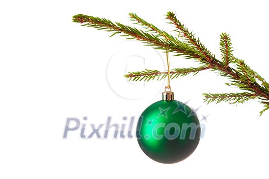 Christmas celebration holiday background with copyspace - Christmas-tree decoration bauble on decorated Christmas tree branch isolated on white background Christmas celebration holiday background with copyspace - Christmas-tree decoration bauble on decorated Christmas tree branch isolated on white background