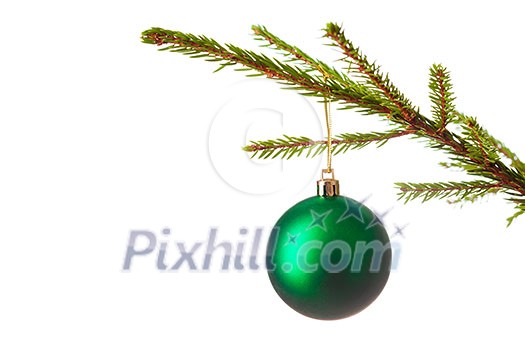 Christmas celebration holiday background with copyspace - Christmas-tree decoration bauble on decorated Christmas tree branch isolated on white background