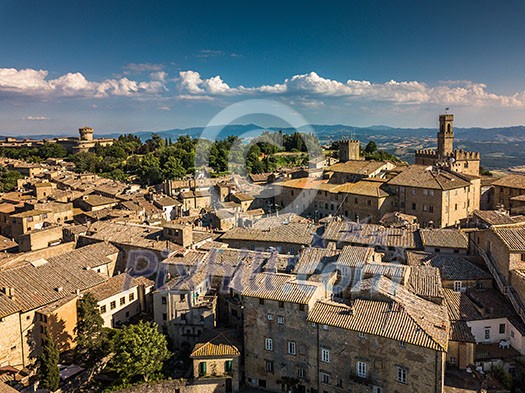 Spectacular aerial view of the old town of Volterra in Tuscany, Italy