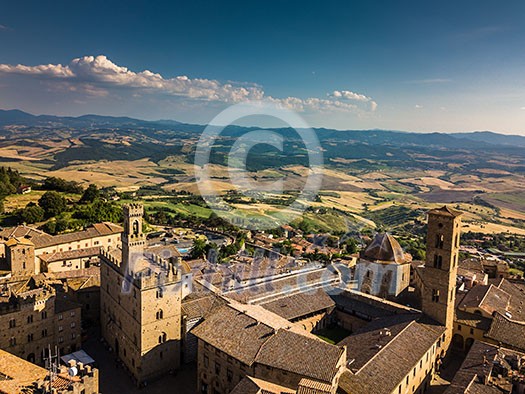 Spectacular aerial view of the old town of Volterra in Tuscany, Italy