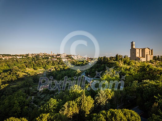 Spectacular aerial view of the old town of Volterra in Tuscany, Italy