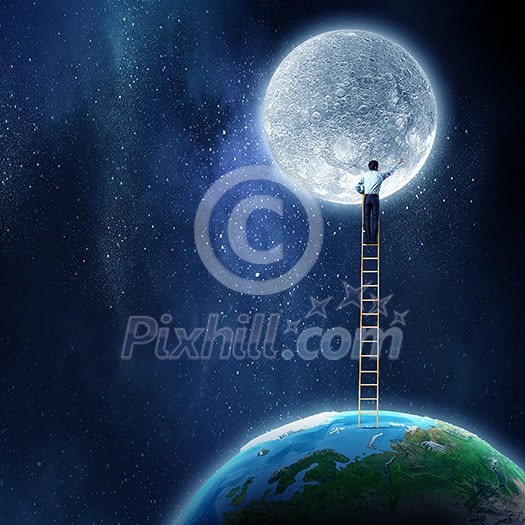 Businessman standing on ladder between moon and Earth palnet. Elements of this image are furnished by NASA