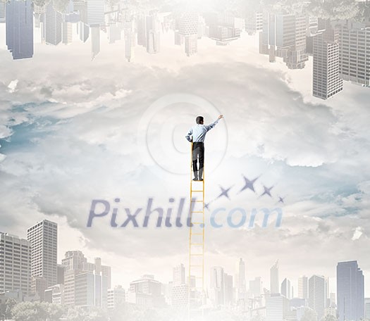 Businessman standing on ladder between two urban realities Businessman standing on ladder between two urban realities