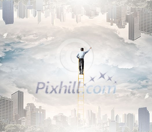 Businessman standing on ladder between two urban realities