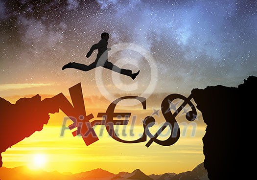 Businessman running on currency signs over precipice