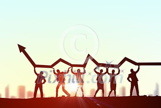 Business people lifting rising arrow representing collaboration concept