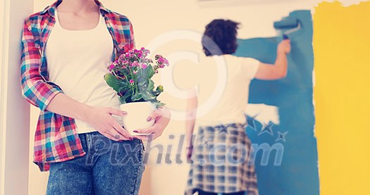 Happy couple doing home renovations, the man is painting the room and the woman hold the pot with flowers Happy couple doing home renovations, the man is painting the room and the woman hold the pot with flowers