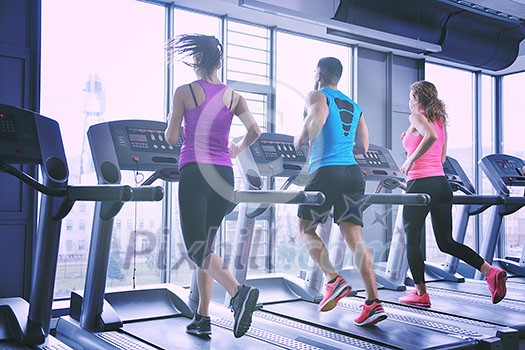 group of young people running on treadmills in modern sport gym group of young people running on treadmills in modern sport gym