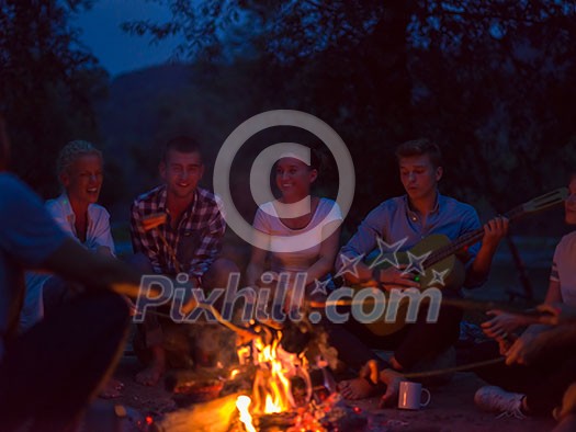 a group of happy young friends relaxing and enjoying summer evening around campfire on the river bank a group of happy young friends relaxing and enjoying summer evening around campfire on the river bank