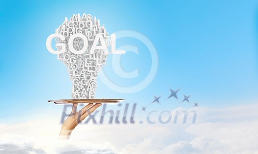 Hand of woman holding tray with successful idea concept Hand of woman holding tray with successful idea concept
