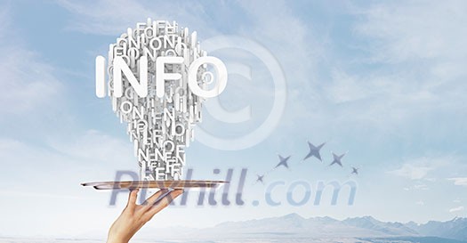 Hand of woman holding tray with successful idea concept Hand of woman holding tray with successful idea concept