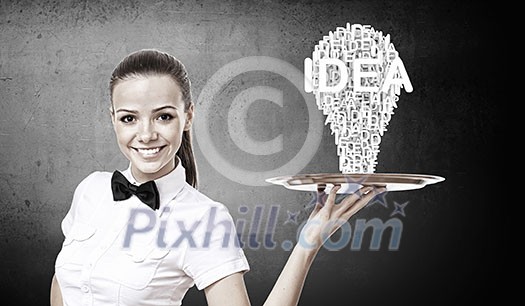 Pretty woman holding tray with successful idea concept Pretty woman holding tray with successful idea concept