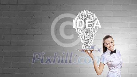 Pretty woman holding tray with successful idea concept Pretty woman holding tray with successful idea concept