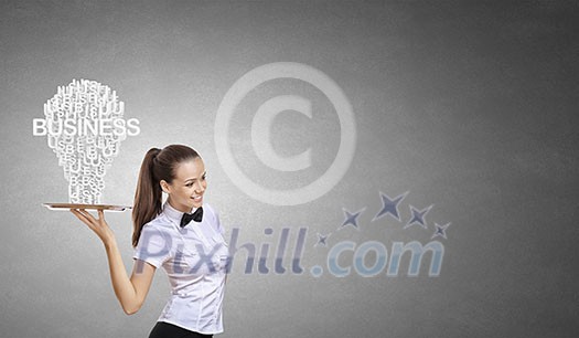 Pretty woman holding tray with successful idea concept Pretty woman holding tray with successful idea concept