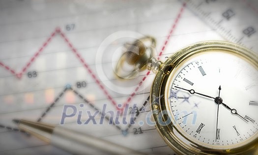 Pocket watch and business concepts on digital background Pocket watch and business concepts on digital background
