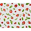 Pattern of fresh halves of ripe strawberries and green mint leaves on a gray background, flat lay