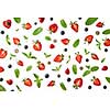 Blueberries halves of ripe strawberries and green mint leaves on a gray background. Pattern of berries, flat lay