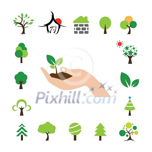 vector hand and tree symbol set 