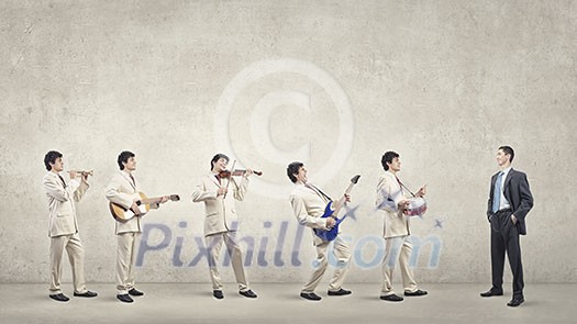 Man orchestra in suit playing different music instruments