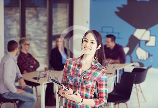 portrait of young business woman at modern startup office interior, team in meeting in background portrait of young business woman at modern startup office interior, team in meeting in background