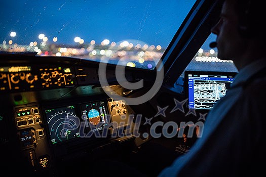 Commercial airliner airplane flight cockpit during takeoff Commercial airliner airplane flight cockpit during takeoff