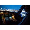 Commercial airliner airplane flight cockpit during takeoff